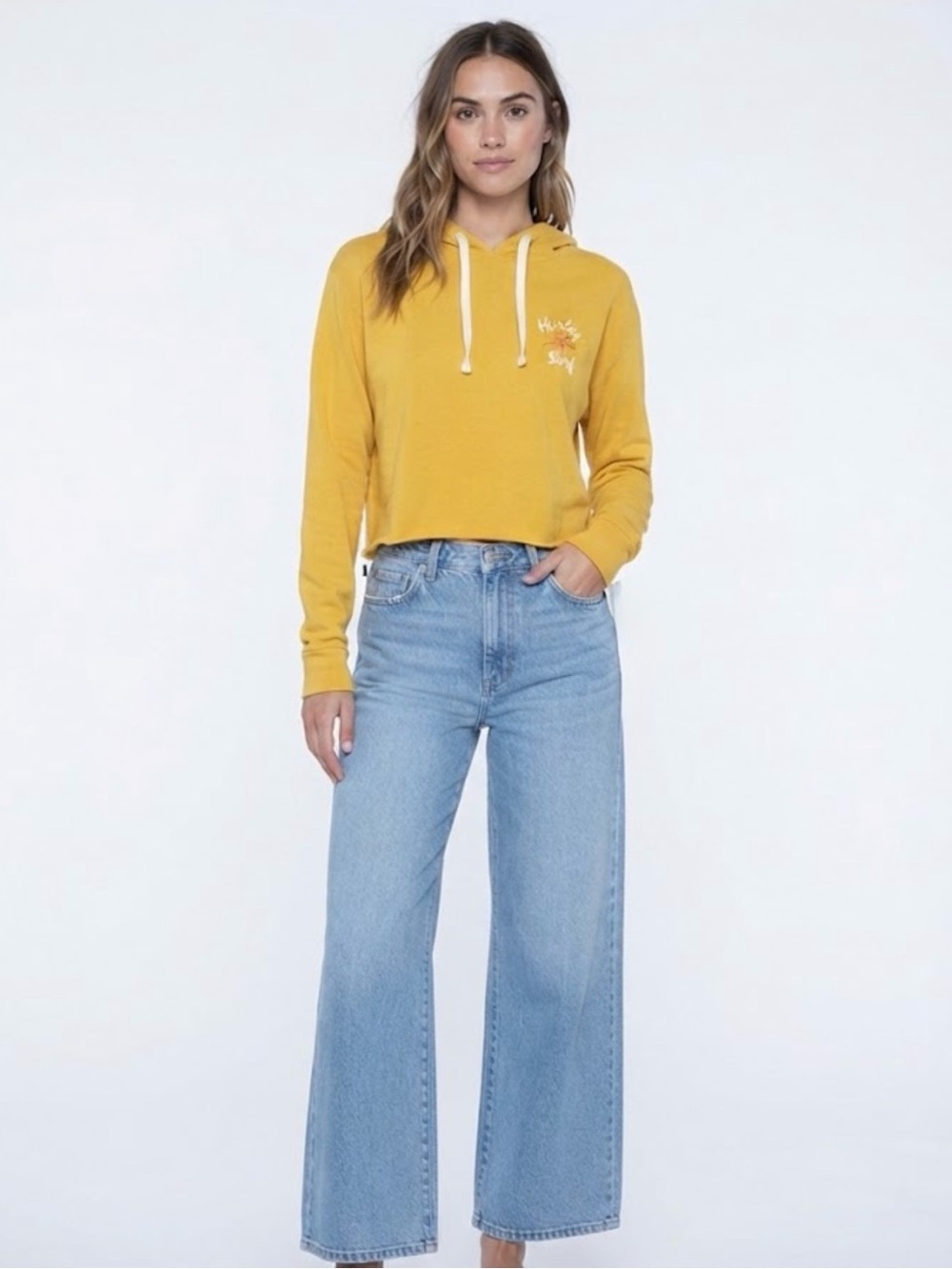 Hurley Surf Yellow Cropped Raw Hem Pullover Hoodie Sweatshirt Size Medium